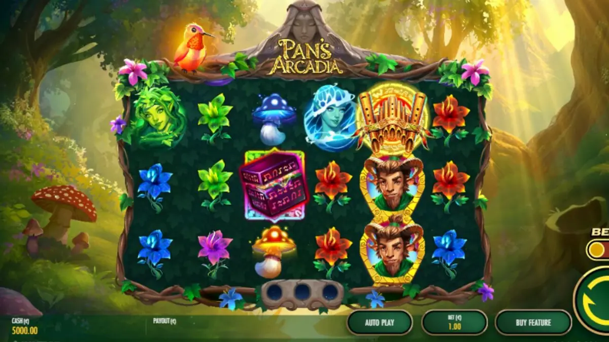 Tampilan layar permainan slot Pan's Arcadia oleh Thunderkick, menampilkan gulungan 6x3 di tengah hutan mistis dengan simbol-simbol mitologi Yunani.