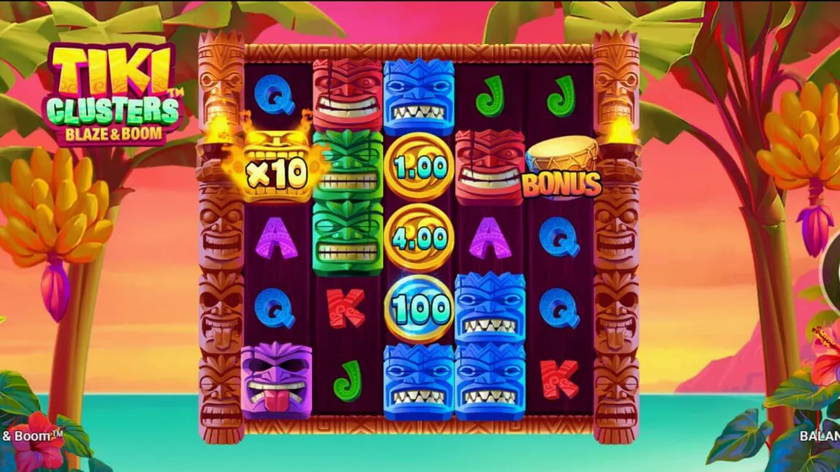 Tampilan visual slot Tiki Clusters Blaze & Boom dengan tema pulau tropis