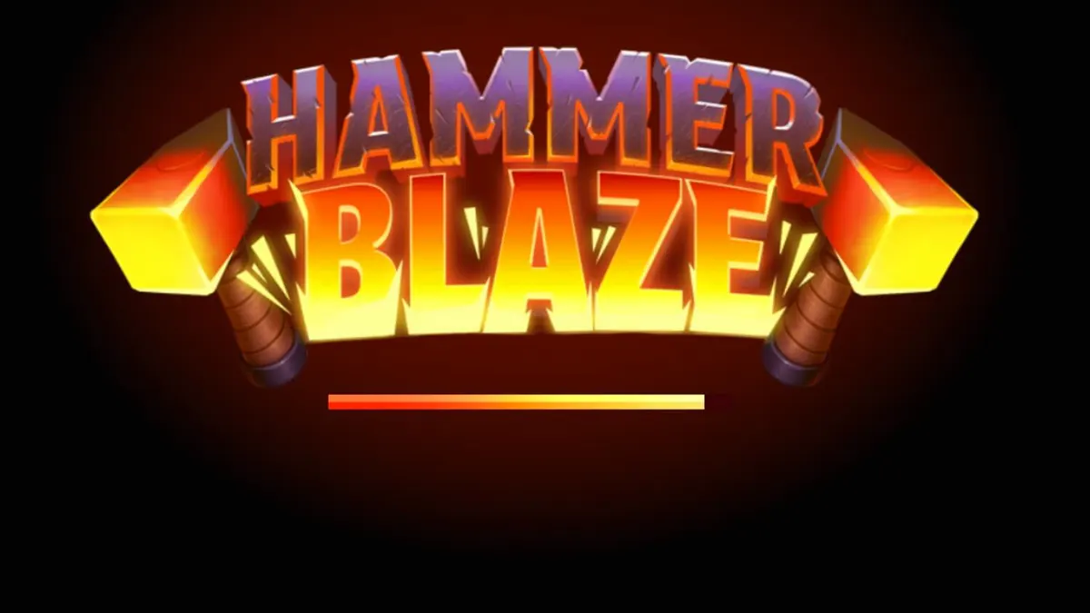 Tampilan visual slot Hammerblaze dengan latar belakang gunung berapi dan grid 7x7 yang membara