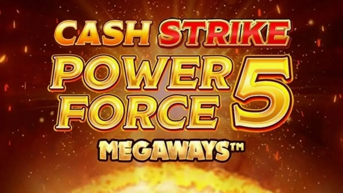 Tampilan visual mesin slot Cash Strike Power Force 5 Megaways dengan simbol buah klasik dan lampu neon